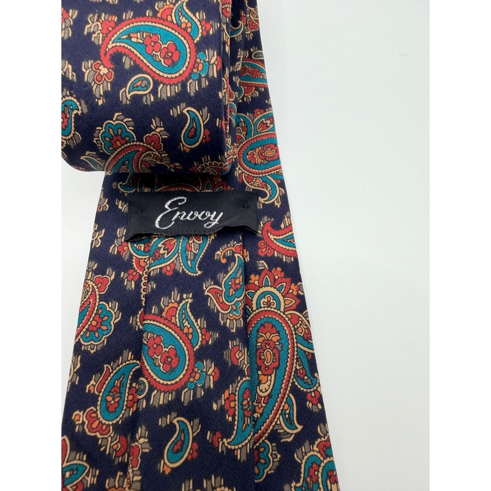 Envoy Mens Silk Paisley Tie Navy Blue Red Teal Italian Fabric Made in USA 6200